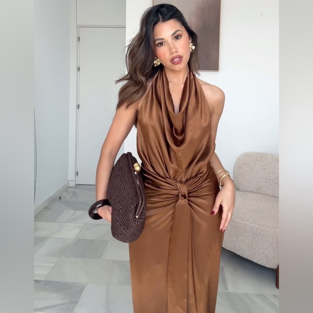 Zara Brown Satin Effect Halter Midi Dress